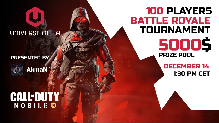 Universe Meta Battle Royale tournament poster for 100 players and a 5,000 dollar prize pool
